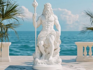 White marble statue of Poseidon holding trident overlooking ocean on sunny day with palm trees in background