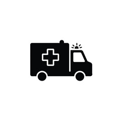 Black and white ambulance icon depicting emergency medical services and healthcare