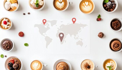 World Map with Coffee and Delicious Desserts Global Cafe Treats