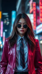 Fototapeta premium Stylish woman in red jacket and sunglasses, standing confidently against a blurred neon cityscape.
