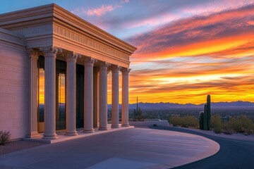 Obraz premium A majestic classical building stands overlooking a breathtaking sunset, showcasing stunning desert landscape.
