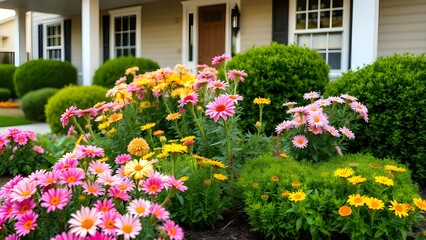 Floral landscaping in residential front yard scene