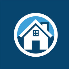 A stylized white house with a blue roof and window featuring a chimney is encircled by a white ring against a solid blue background