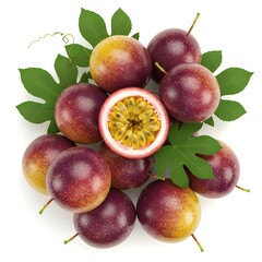 Top-down view of fresh passion fruits with green leaves, isolated background.