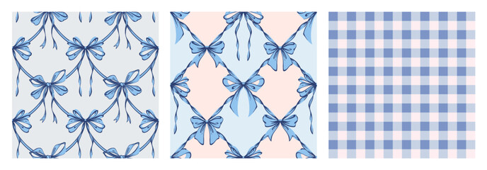 Ribbon Bow Coquette Seamless Pattern Set. Blue Hand-Drawn Feminine Checkered Pattern  Backgrounds with garland of bows. Romantic Design. Perfect for a Lovely and Whimsical Valentines Day Backdrop
