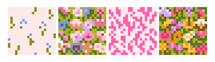 Abstract seamless patterns, 8-bit design set. Pixel art with colorful flower blocks in retro game style. Endless background, 8bit print, pixelart, squares. Colored flat graphic vector illustrations