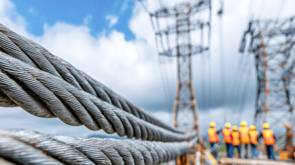 High-voltage powerlines and workers in safety gear at construction site