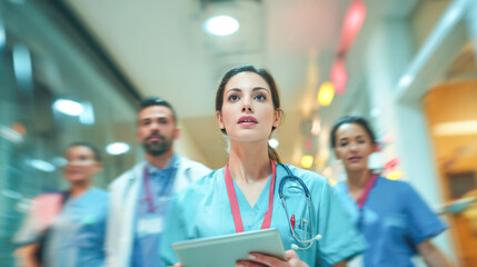 Focused female caucasian young nurse leading diverse medical team in hospital corridor