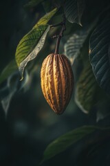 Cacao pod hanging from tree branch close up shot tropical fruit in natural setting agriculture harvest