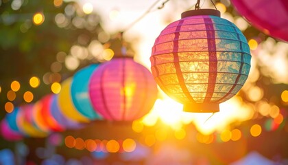 Obraz premium Colorful paper lanterns hanging outdoors during sunset, glowing warmly in the golden hour light, blurred background of festival