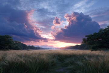 Fototapeta premium Serene Sunset Meadow: Dramatic Cloudscape and Golden Grass