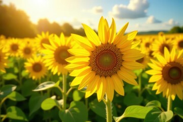 Obraz premium Close-up of sunflowers in a sun-drenched field , texture, ppt