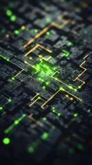 Fototapeta premium Abstract Circuit Board Close Up Showing Data Flow and Connectivity in Green and Gold Tones Technology Concept