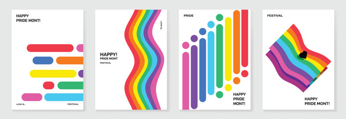 Happy Pride month poster background vector set. LGBTQ community symbol with rainbow, pride flag, heart. Design for celebration, bisexual, transgender, gender equality, rights, ads.