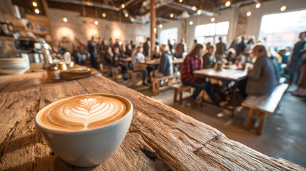 Fototapeta premium Cozy rustic cafe with latte art and diverse patrons relaxing indoors