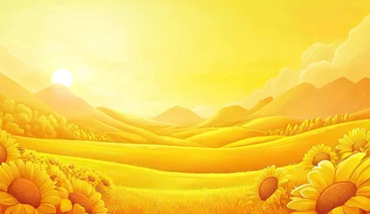 Fototapeten Sun-drenched golden landscape with sunflowers.  Rolling hills and mountains bathed in warm sunlight.  A tranquil and vibrant scene © Hahauhum