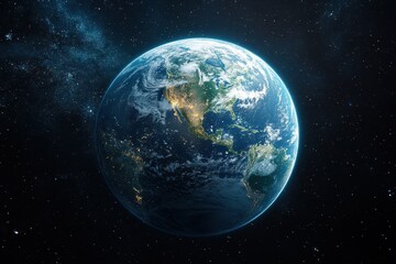 Vibrant view of Earth from space showcasing continents and city lights at night