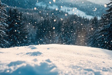 Snow-covered mountain landscape with falling snow.  Fresh snowfall blankets a mountaintop, with a soft focus on the snow-covered terrain and pine trees in the background. 