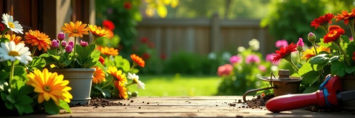 Sun-drenched garden, colorful flowers, neatly arranged tools , beautiful, landscape, plants