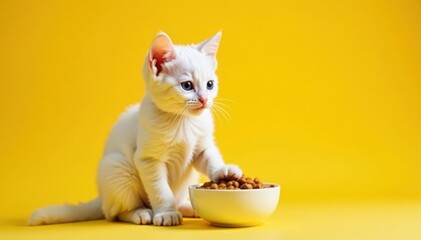 Small white kitten near crunchy cat food, sunny yellow background, animal portrait, small