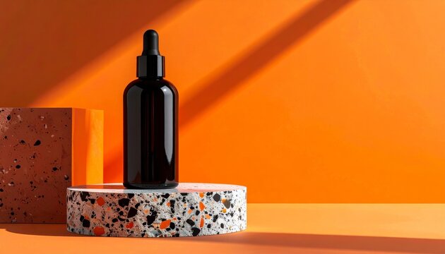 Modern cosmetic bottle with glossy black and textured orange finish, placed on terrazzo stone pedestal, isolated on vibrant orange background