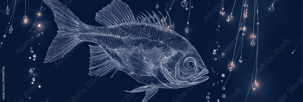 Poster Silver Fish Line Art Glimmers on Dark Navy Background With Glowing Elements Creating an Enchanting Underwater Atmosphere