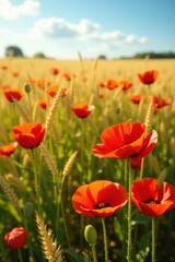 Fototapeta premium Vibrant poppies bloom amidst golden barley field , sunlight, green