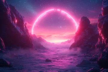 Fototapete Rund Ethereal pink arch opens to celestial landscape at dawn in a mystical valley © PD