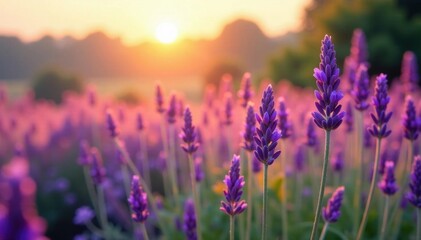 Vibrant purple lavender, swaying wild grasses, hazy sun, tranquil, rustic