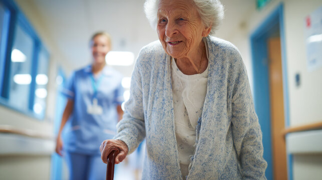 Elderly caucasian female walking with support in healthcare facility corridor