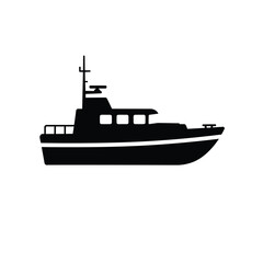 Obraz premium A simple black and white silhouette illustration of a motorboat with an antenna on white background