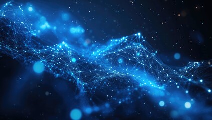 Abstract network of glowing blue lines and points, creating a dynamic, flowing, ethereal design.  Particles and light effects add depth and movement