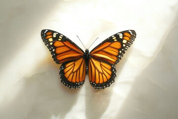 Obraz premium A vibrant monarch butterfly with orange wings and black borders, displayed against a soft white background.