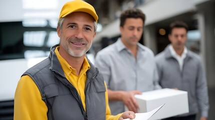 Smiling courier in yellow cap with parcel and delivery crew in background inside modern warehouse