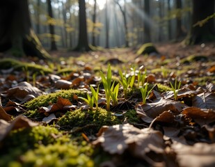 Sunlit Forest Floor with Vibrant Green Moss and Golden Light Rays - Woodland Nature Photography for Environmental Awareness and Natural Beauty