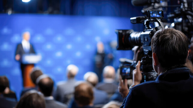 Male speaker at press conference with media coverage and cameraman in focus