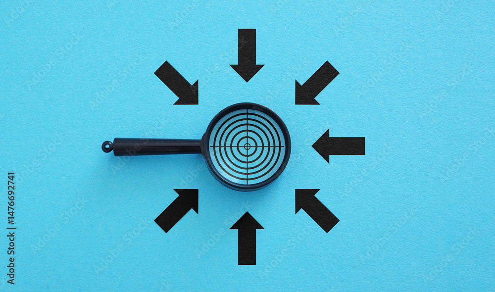 Poster focus on results and goal are shown by magnifying glass focusing on a target with arrows pointing th