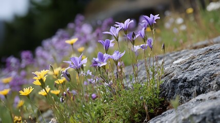 Fototapeta premium Vibrant Purple and Yellow Wildflowers Blooming on Rocky Terrain