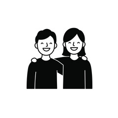 Two happy people with arms around each other in a flat minimalist black and white illustration