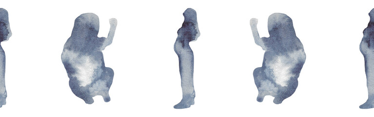 Watercolor border with silhouettes of a baby and mom.Brush strokes in the form of blue silhouettes of bear.Silhouette of toy on white background.	