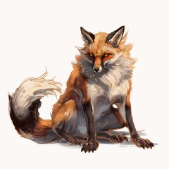 Obraz premium A red fox with white markings, yellow eyes, and visible claws sits on a white background, gazing directly at the viewer in a classic fantasy illustration.