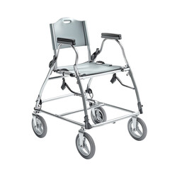 An adult gait trainer with a silver frame, forearm supports, and swivel wheels, side view, isolated on a white background with ample space around the object, realistic style