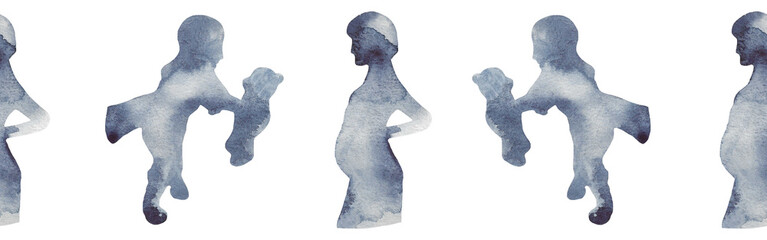 Watercolor border with silhouettes of a baby and mom.Brush strokes in the form of blue silhouettes of bear.Silhouette of toy on white background.	