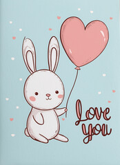 Cute rabbit holding a pink heart balloon with the words Love You on a pastel blue background