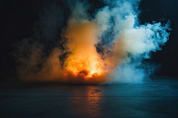 Orange and blue smoke plumes rising from a fire source on a concrete floor