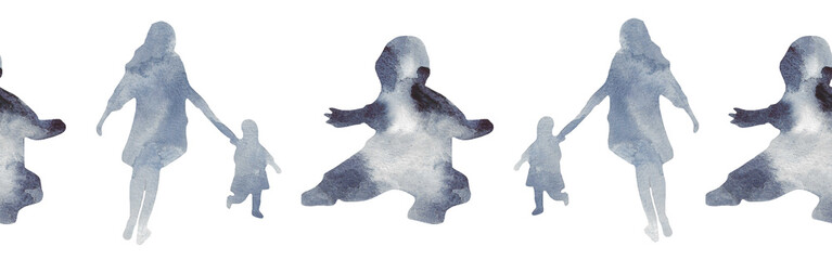 Watercolor border with silhouettes of a baby and family.Brush strokes in the form of blue silhouettes of bear.Silhouette of toy on white background