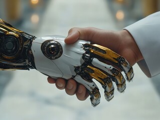 Human and Robotic Hand Shake Symbolize Collaboration in Technology