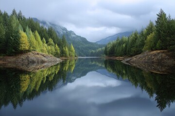 Serene Mountain Lake Reflection: Autumnal Trees and Misty Peaks