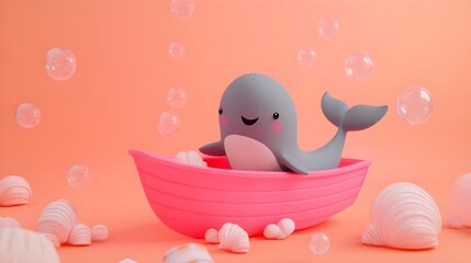 Naklejka premium Playful Whale in Colorful Boat Surrounded by Bubbles and Shells