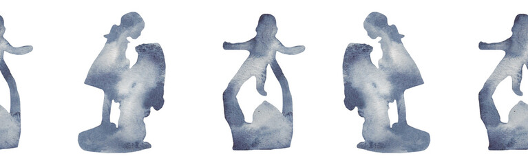 Watercolor border with silhouettes of a baby and family.Brush strokes in the form of blue silhouettes of bear.Silhouette of toy on white background